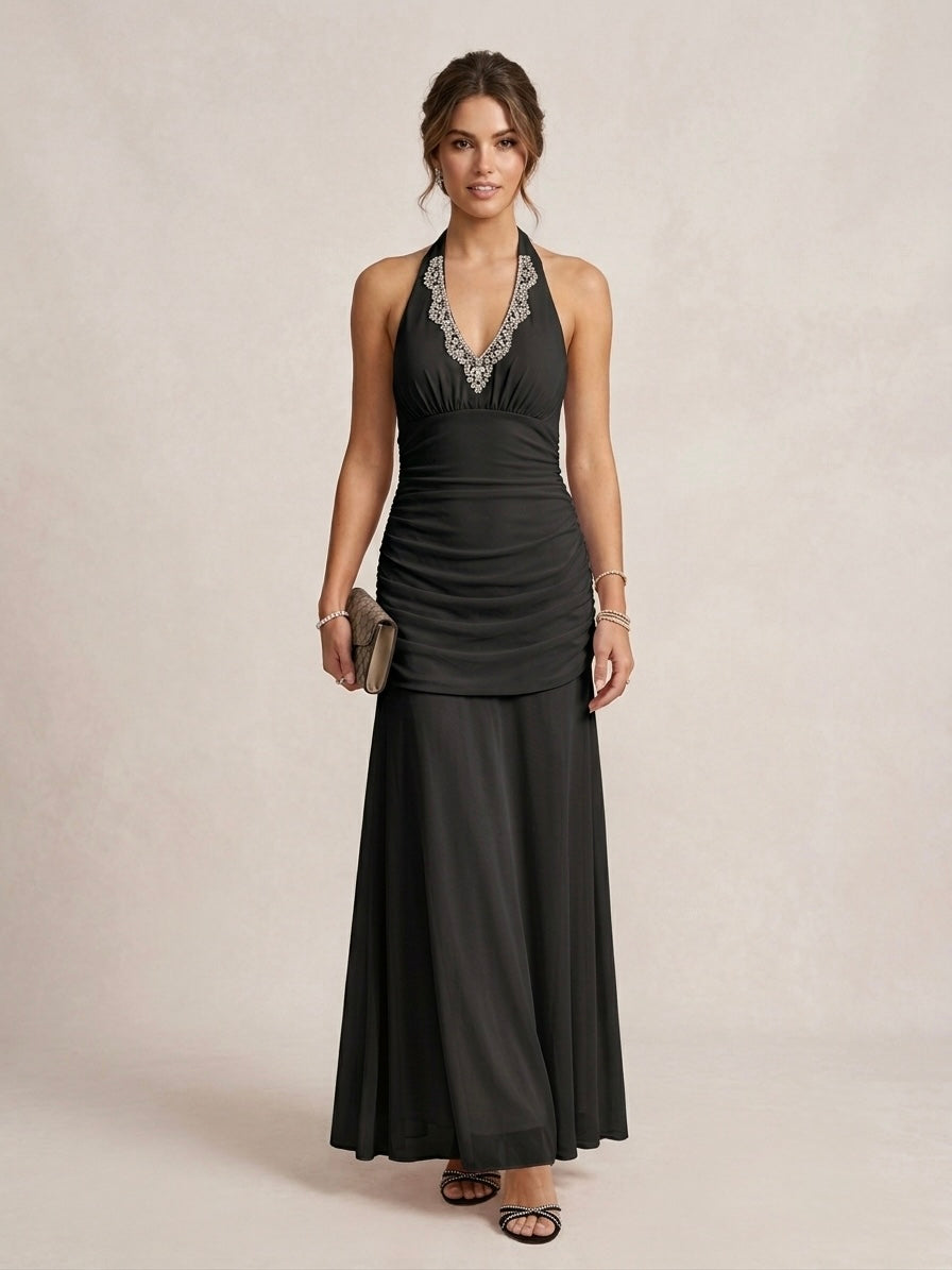 Crystal Halter Ruched Maxi Dress - SD 73