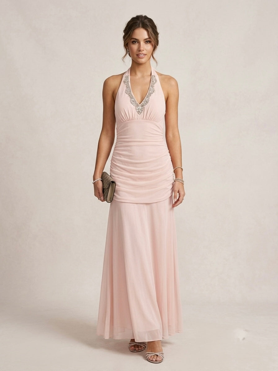 Crystal Halter Ruched Maxi Dress - SD 73