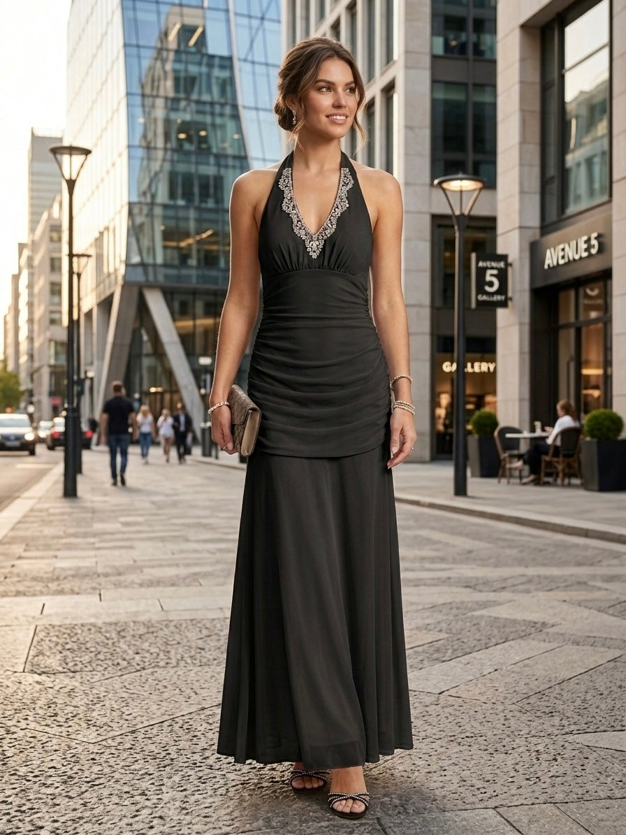 Crystal Halter Ruched Maxi Dress - SD 73