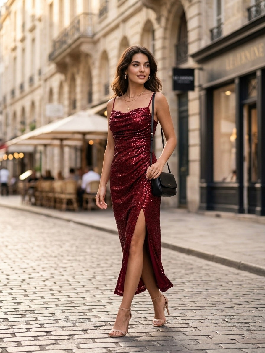 Bordeaux Sequin Slit Midi Dress - SD 74