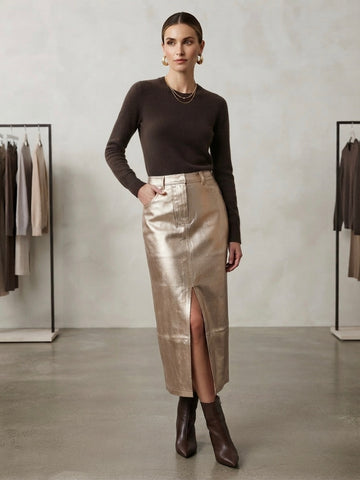 Metallic Leather Midi Skirt