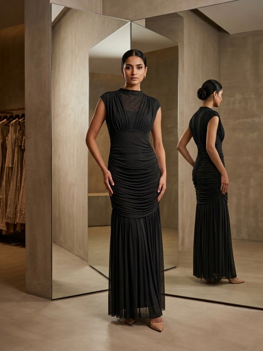 Nocturne Ruched Mesh Gown