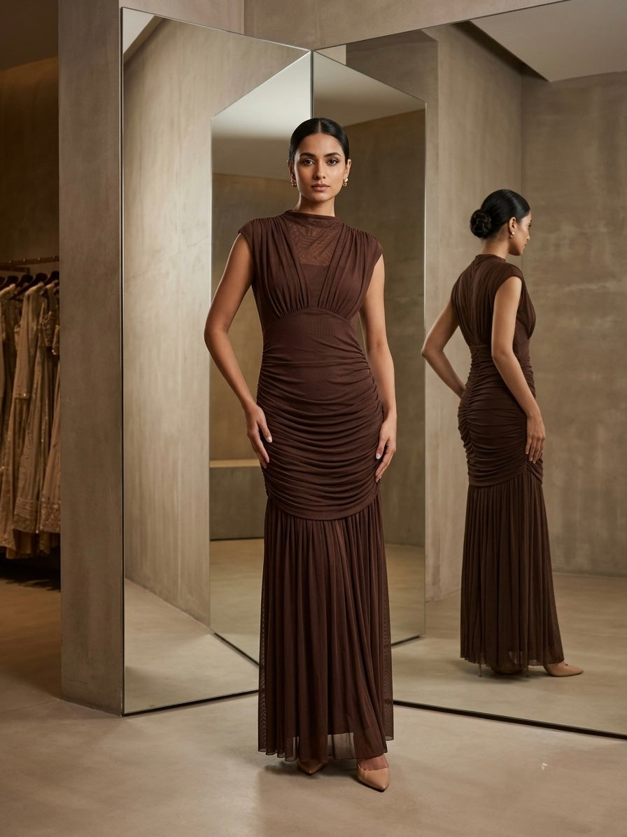 Nocturne Ruched Mesh Gown