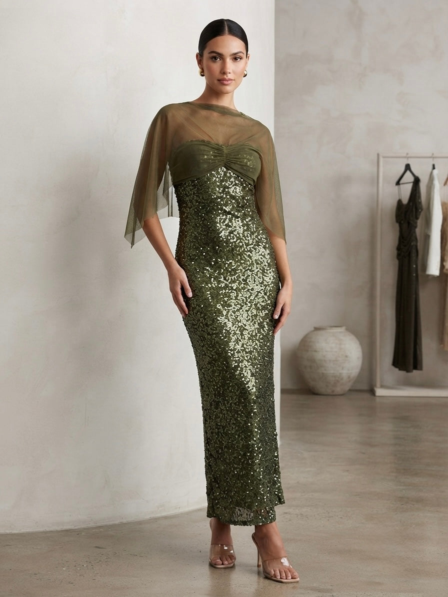 Cape-Overlay Sequin Gown