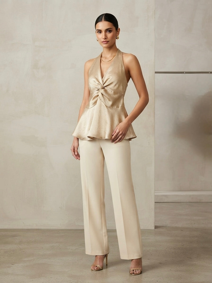 Kaya Satin Knot Halter Peplum Top