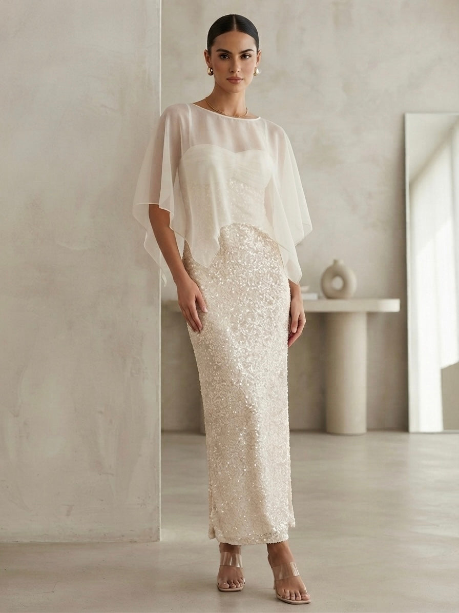 Cape-Overlay Sequin Gown