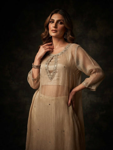 Champagne Gold Mirror-Work Keyhole Kurta Co-Ord Set | ICS 26