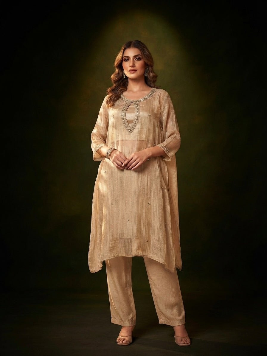 Champagne Gold Mirror-Work Keyhole Kurta Co-Ord Set | ICS 26