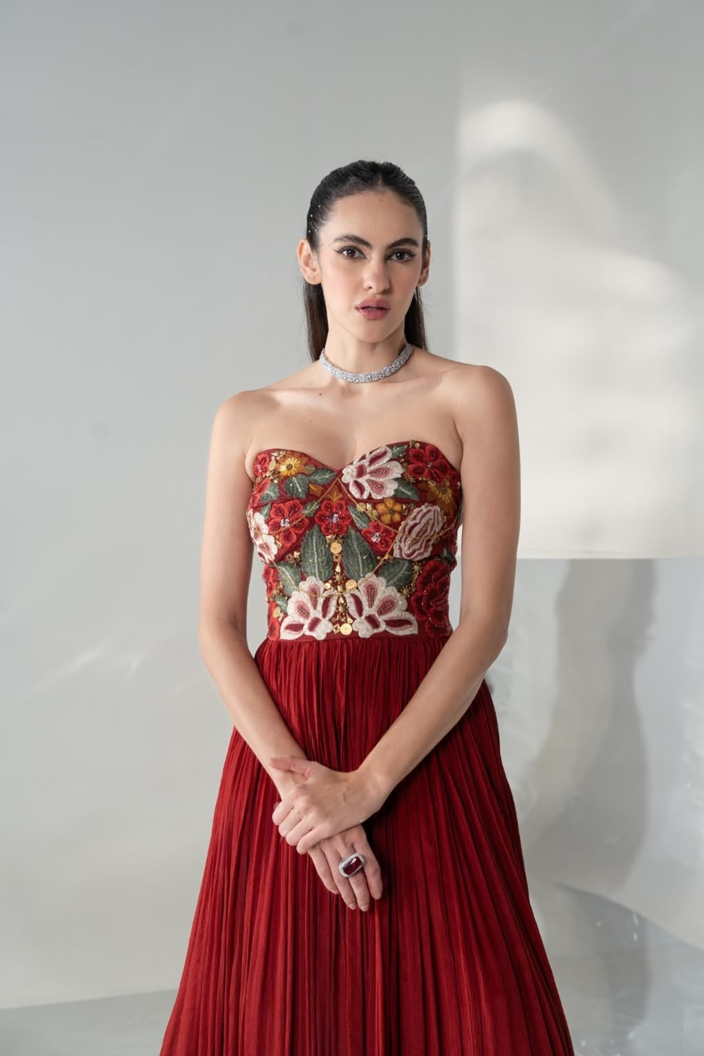 Crimson Embroidered Strapless Pleated Gown