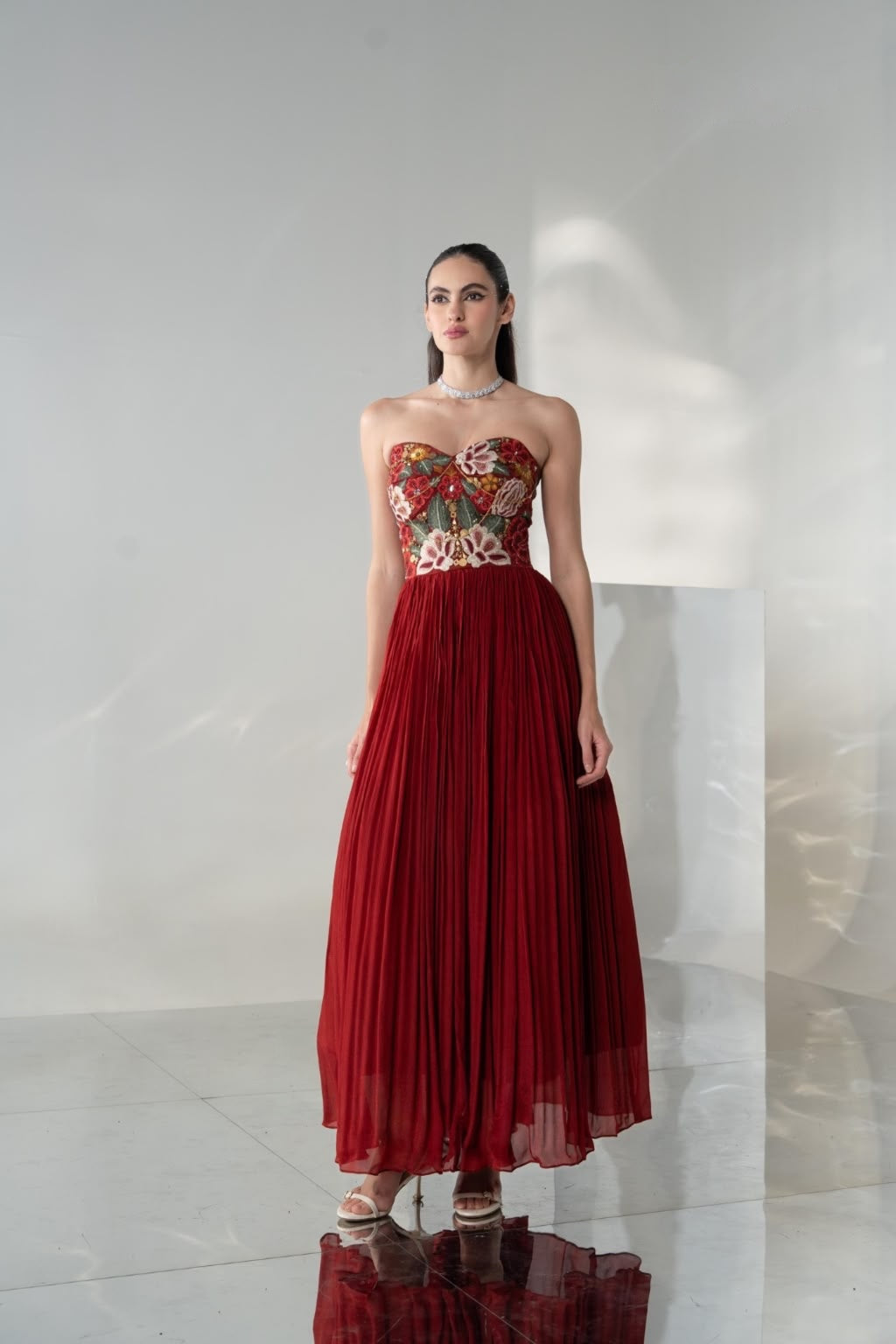 Crimson Embroidered Strapless Pleated Gown