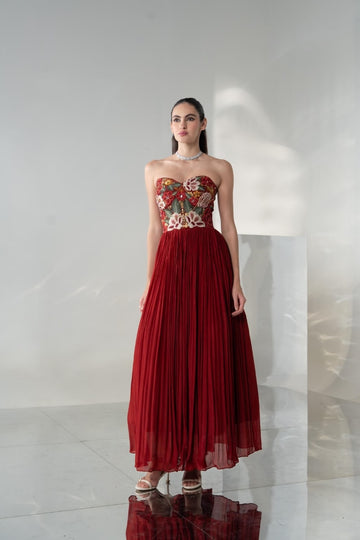 Crimson Embroidered Strapless Pleated Gown