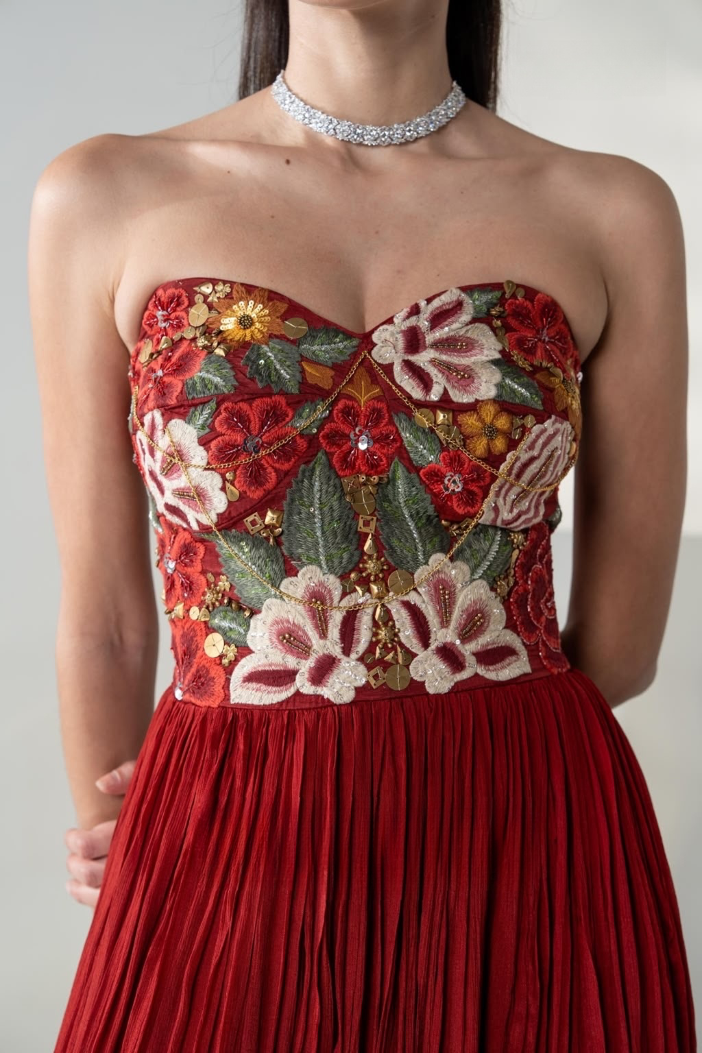 Crimson Embroidered Strapless Pleated Gown