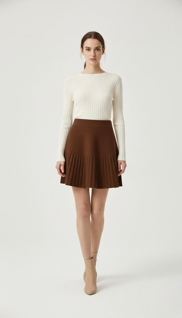 Flared Knit Pleated Mini Skirt