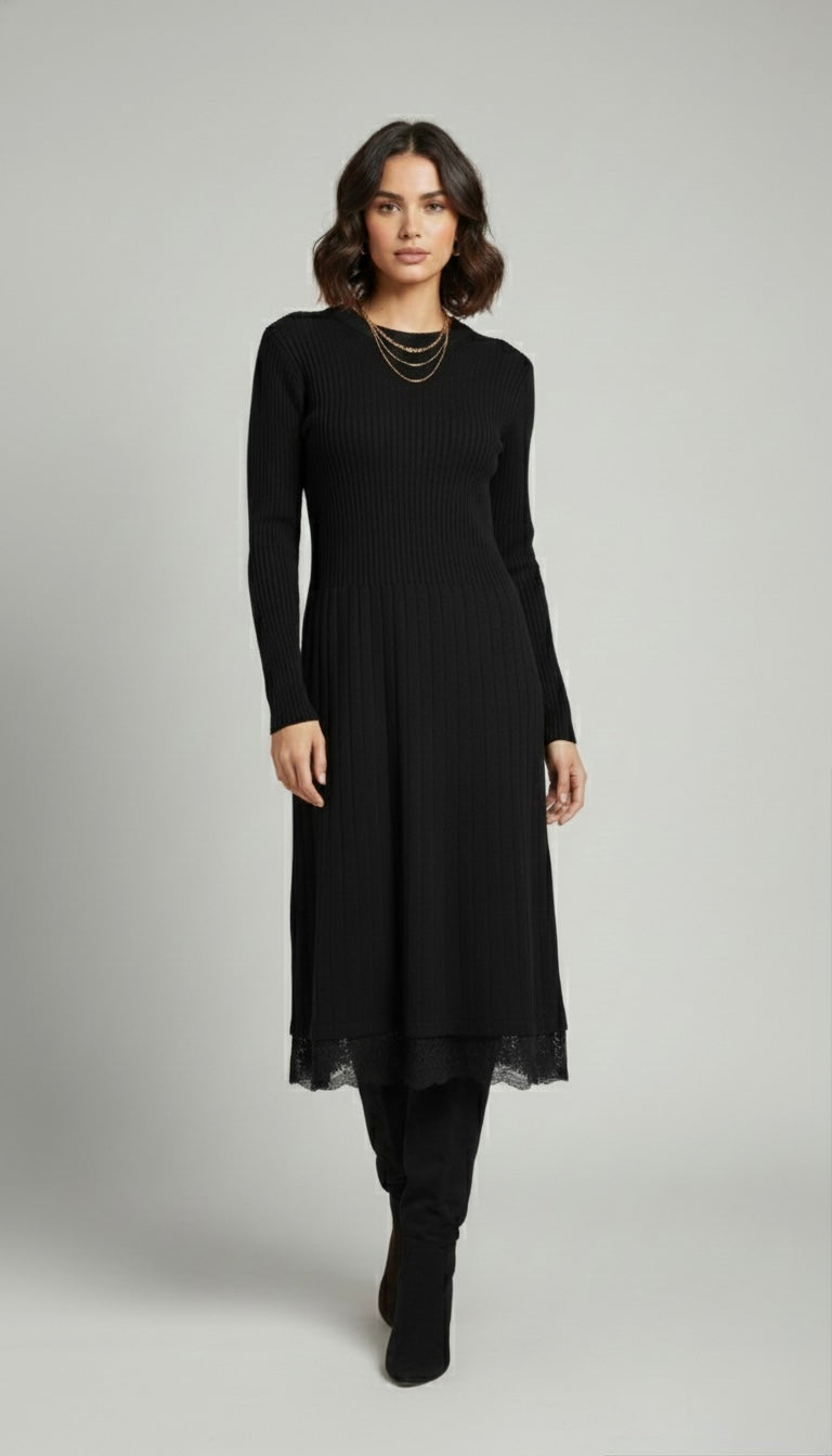 Lace-Hem Knit Midi Dress