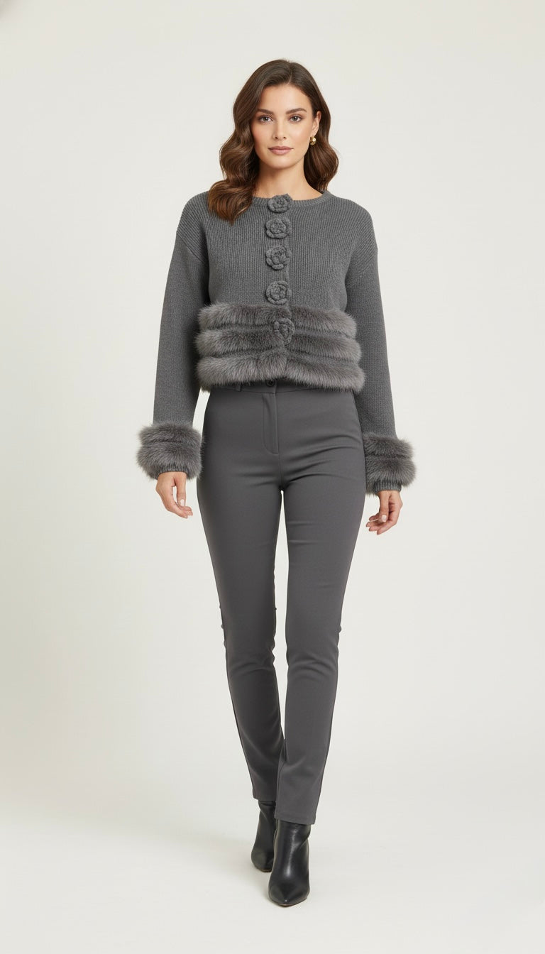 Rosette Fur Trim Cardigan
