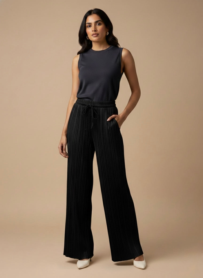 Pleated Wide-Leg Drawstring Trousers