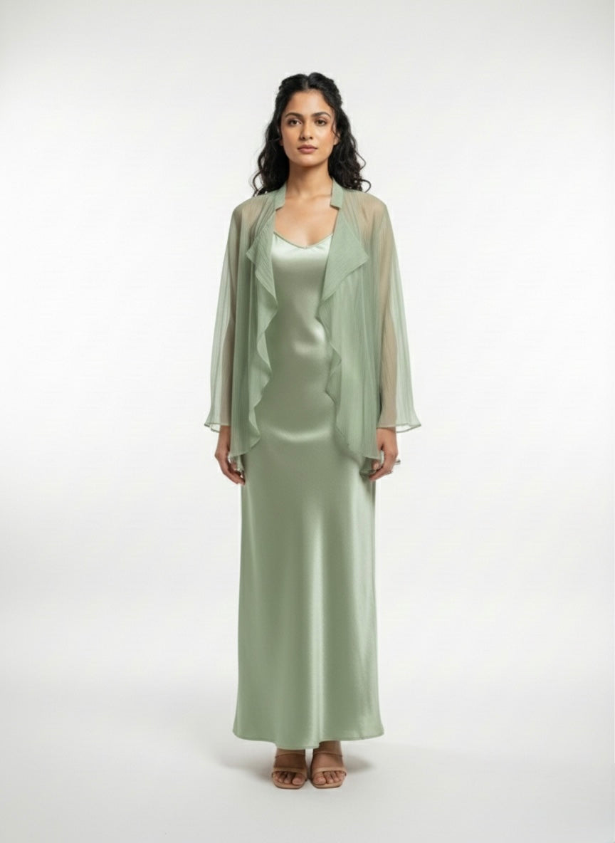 Lustrous Satin Maxi Dress & Sheer Pleated Overlay Set