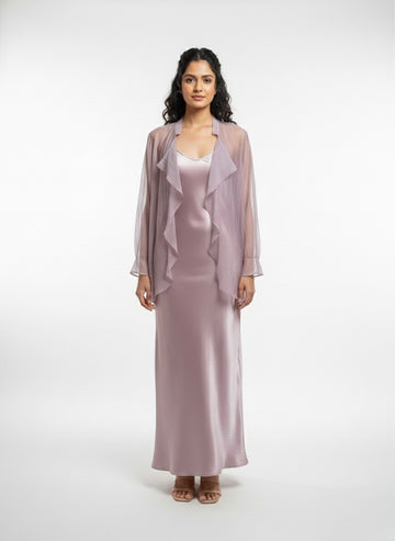 Lustrous Satin Maxi Dress & Sheer Pleated Overlay Set