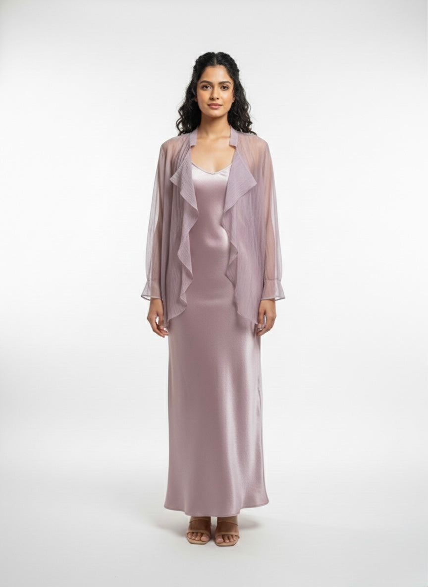 Lustrous Satin Maxi Dress & Sheer Pleated Overlay Set