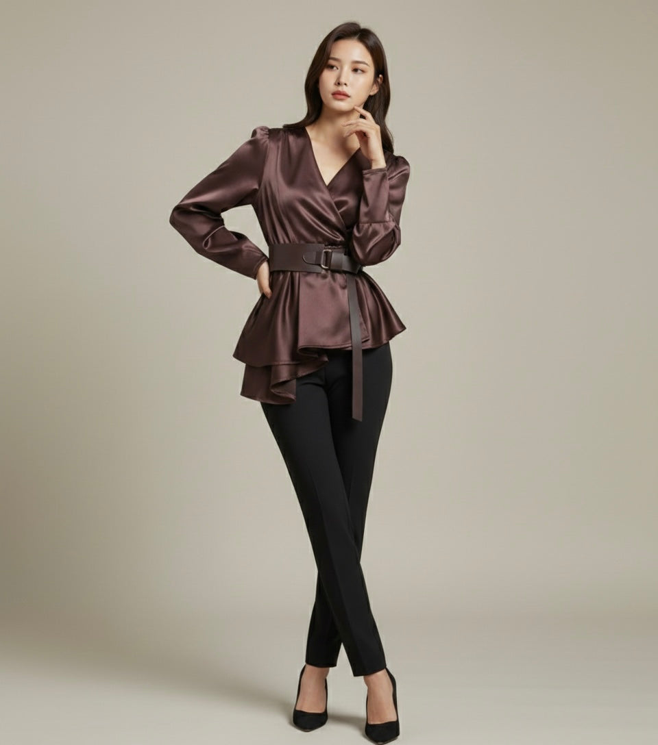 Satin Peplum Wrap Blouse