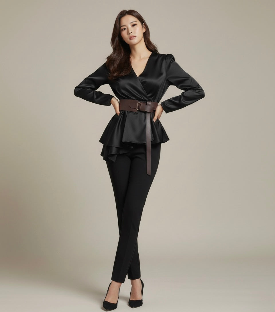 Satin Peplum Wrap Blouse