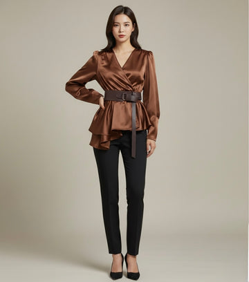 Satin Peplum Wrap Blouse