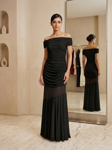 Aria Ruched Off-Shoulder Gown