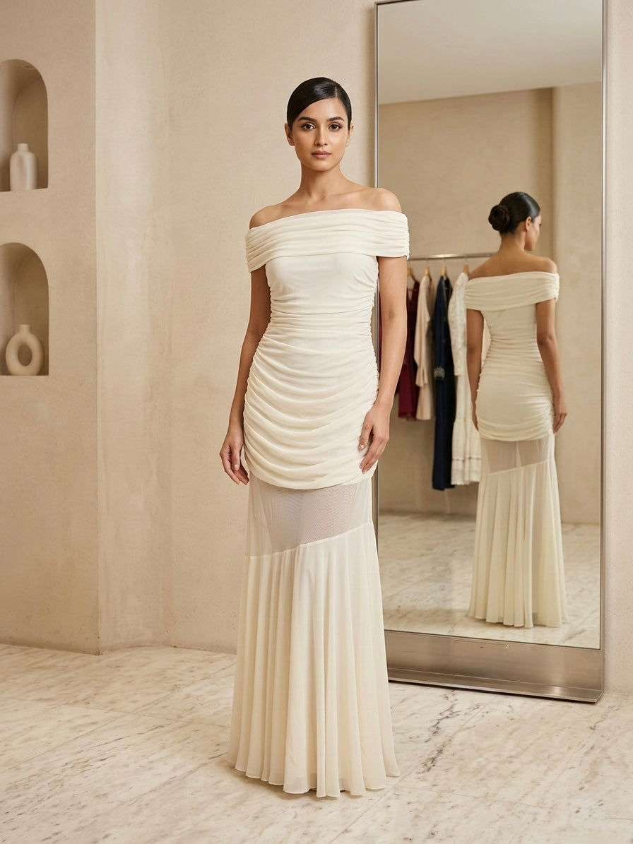Aria Ruched Off-Shoulder Gown
