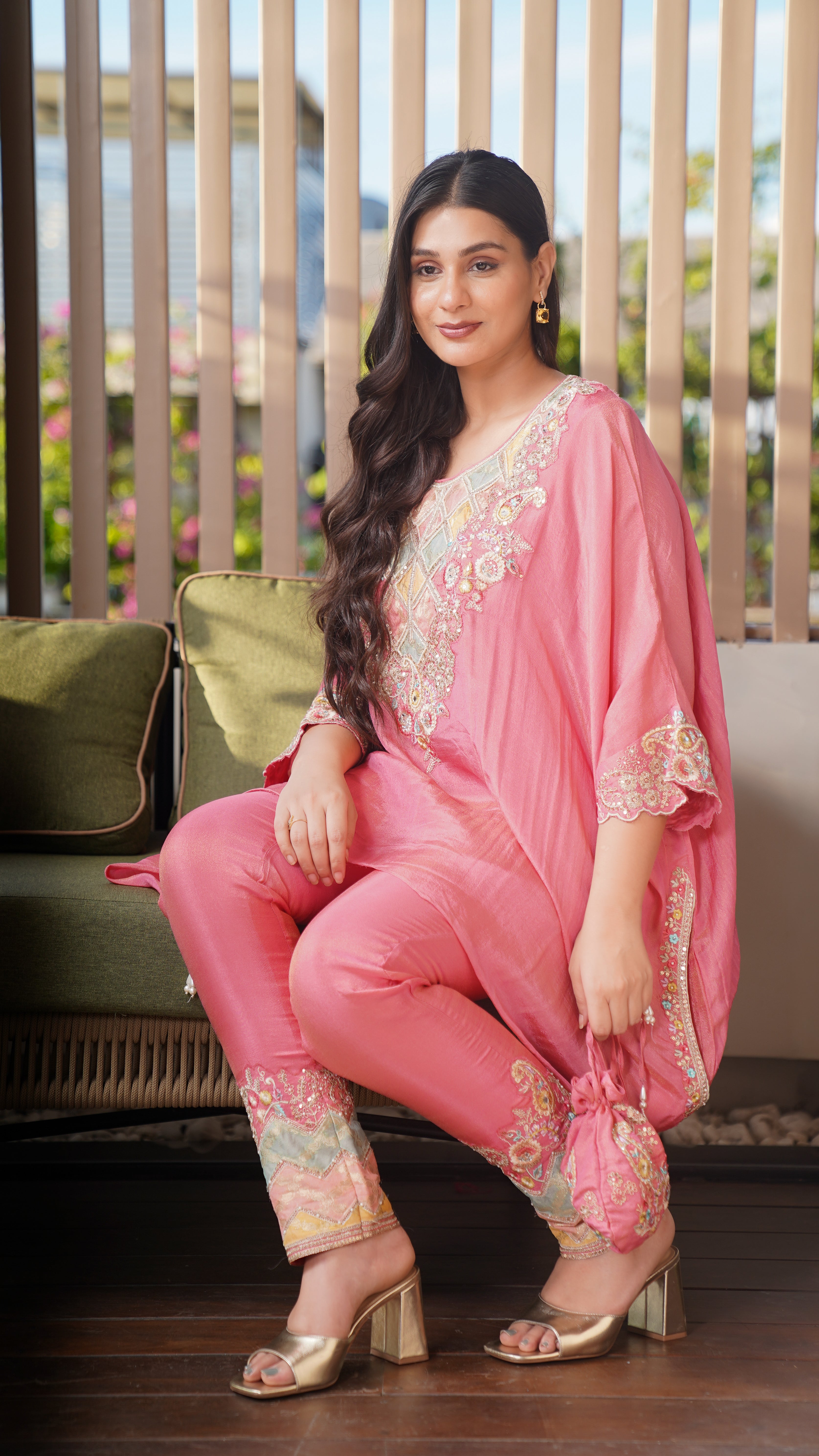 Sitara Embroidered Kaftan Set With Matching Embroidered Potli Bag | Available in 3 colors