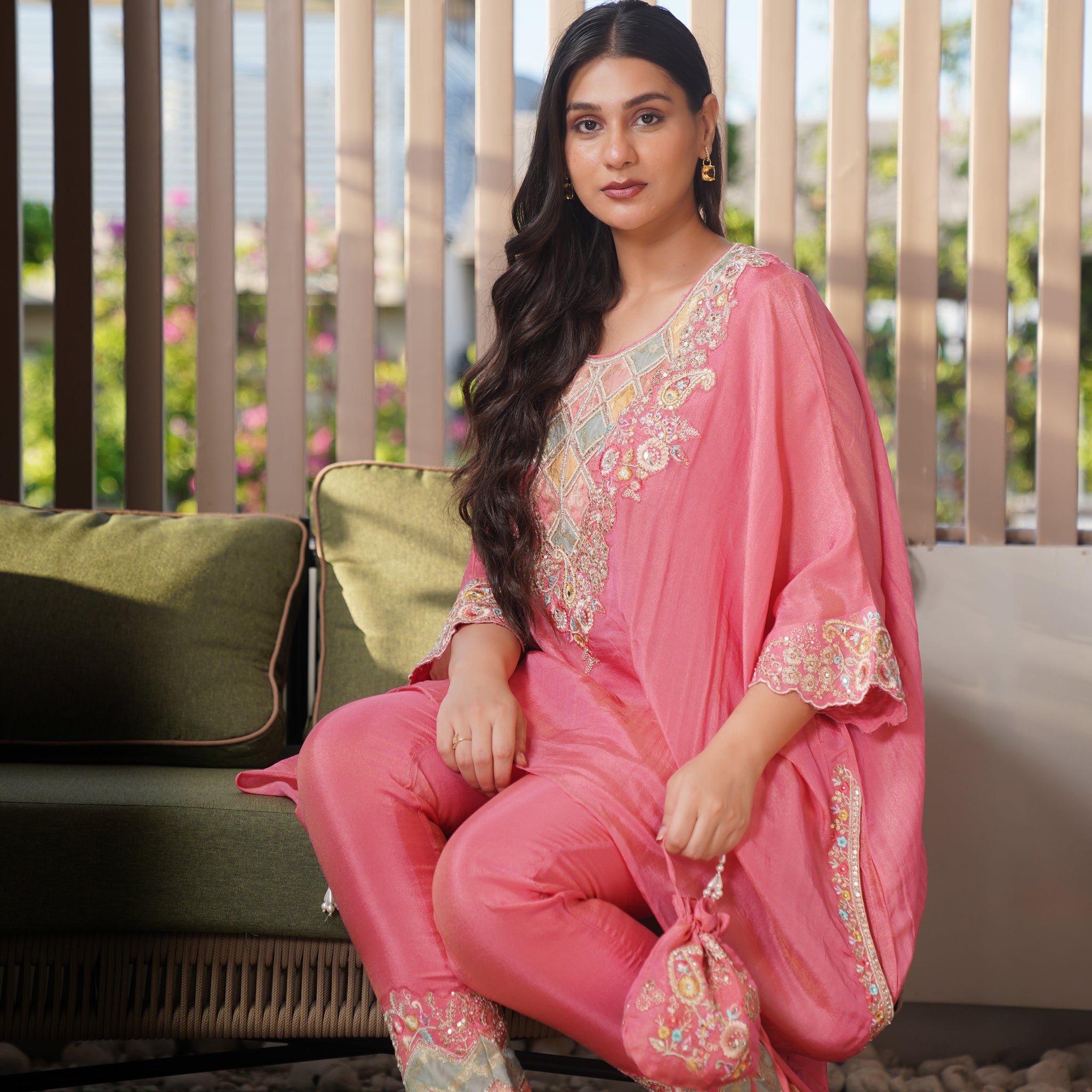 Sitara Embroidered Kaftan Set With Matching Embroidered Potli Bag | Available in 3 colors