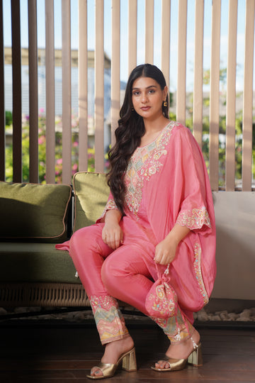 Sitara Embroidered Kaftan Set With Matching Embroidered Potli Bag | Available in 3 colors