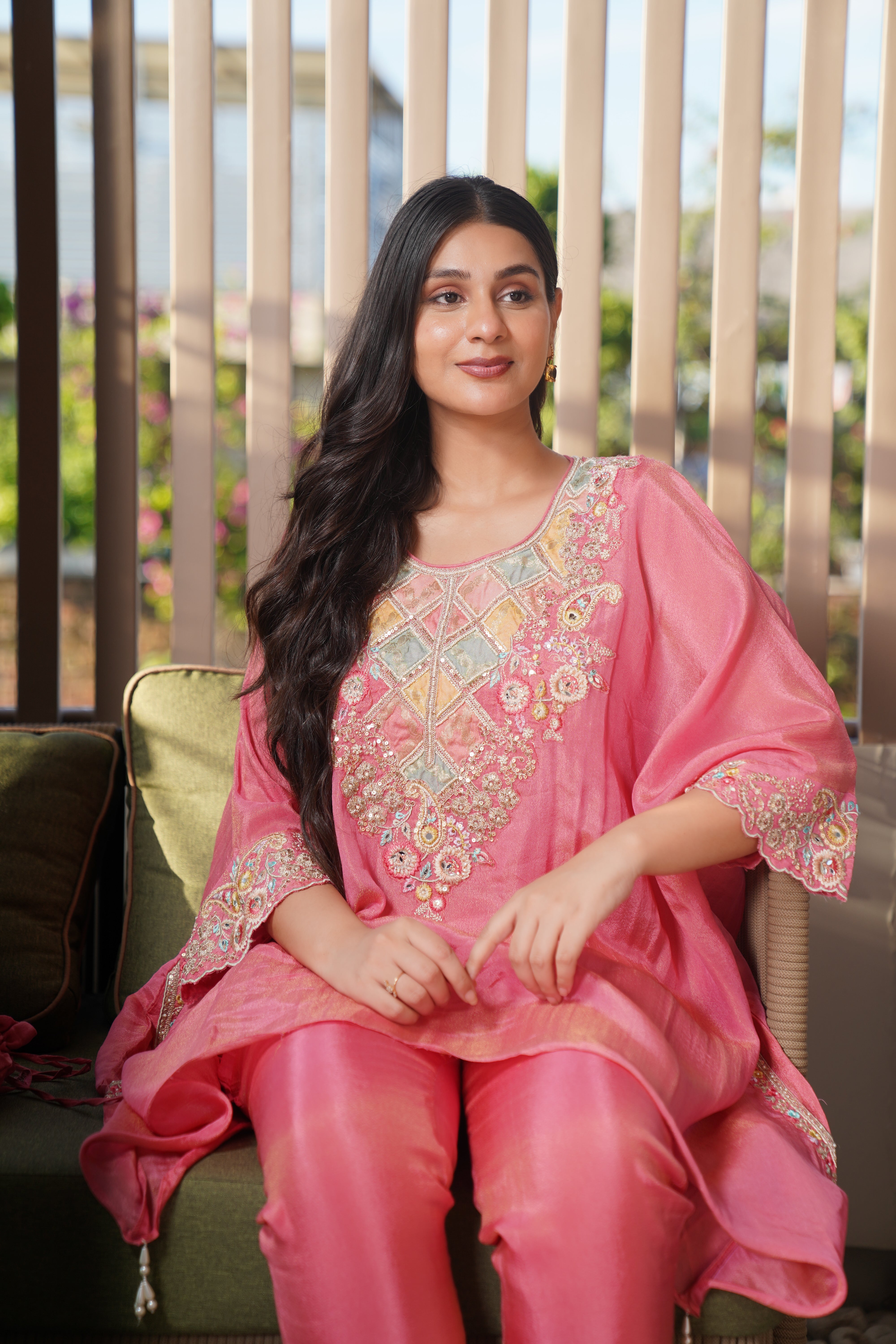 Sitara Embroidered Kaftan Set With Matching Embroidered Potli Bag | Available in 3 colors