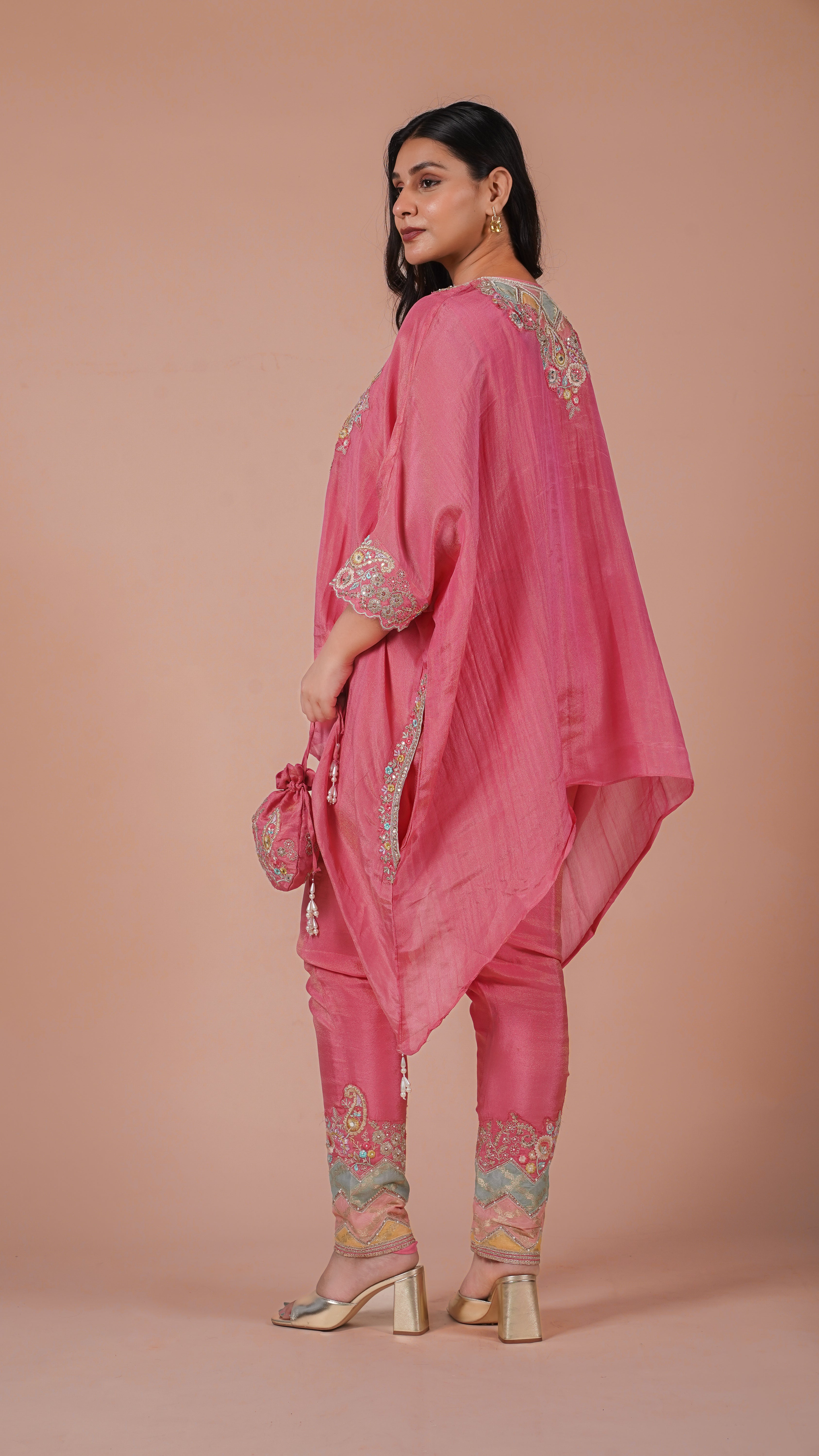 Sitara Embroidered Kaftan Set With Matching Embroidered Potli Bag | Available in 3 colors