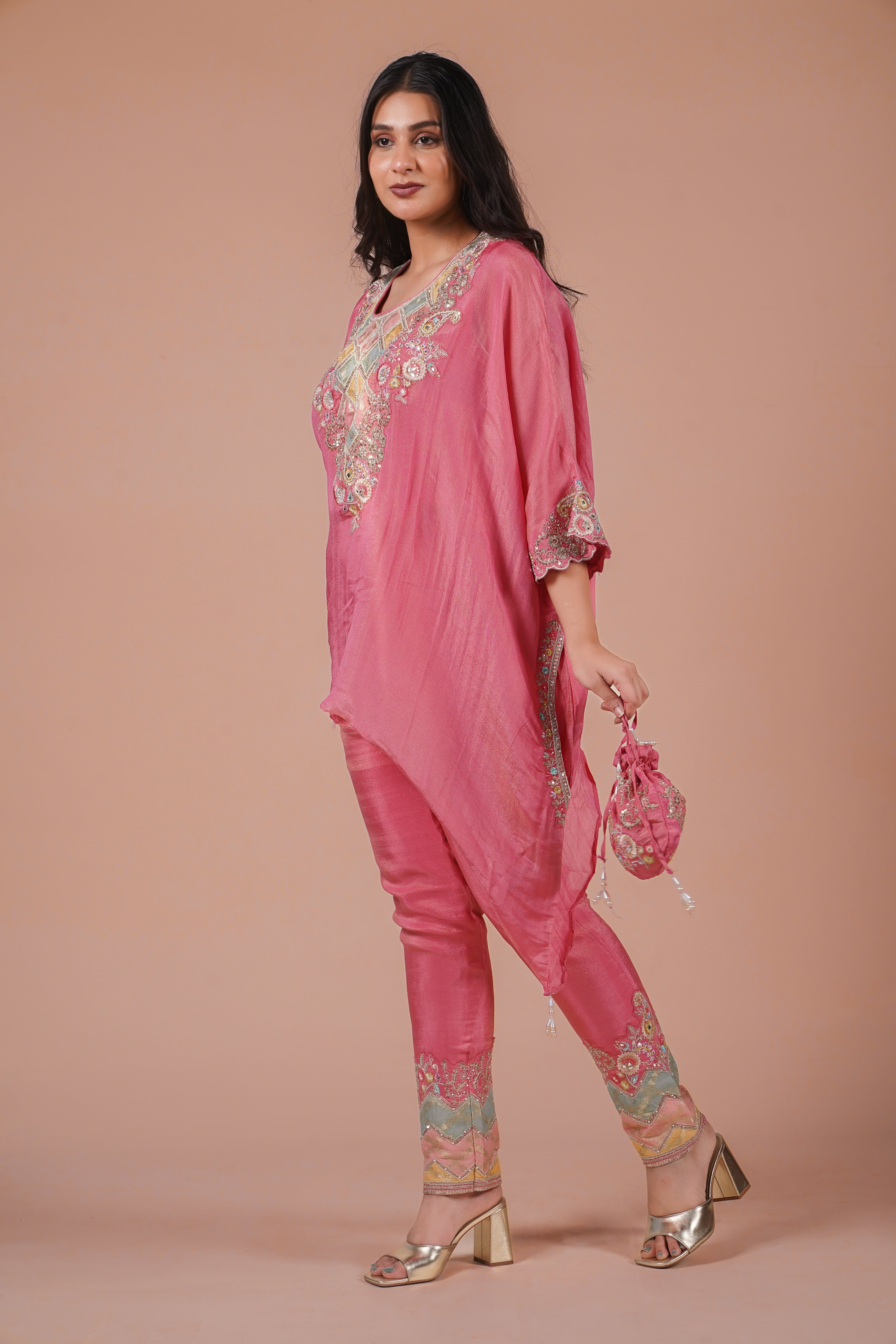 Sitara Embroidered Kaftan Set With Matching Embroidered Potli Bag | Available in 3 colors