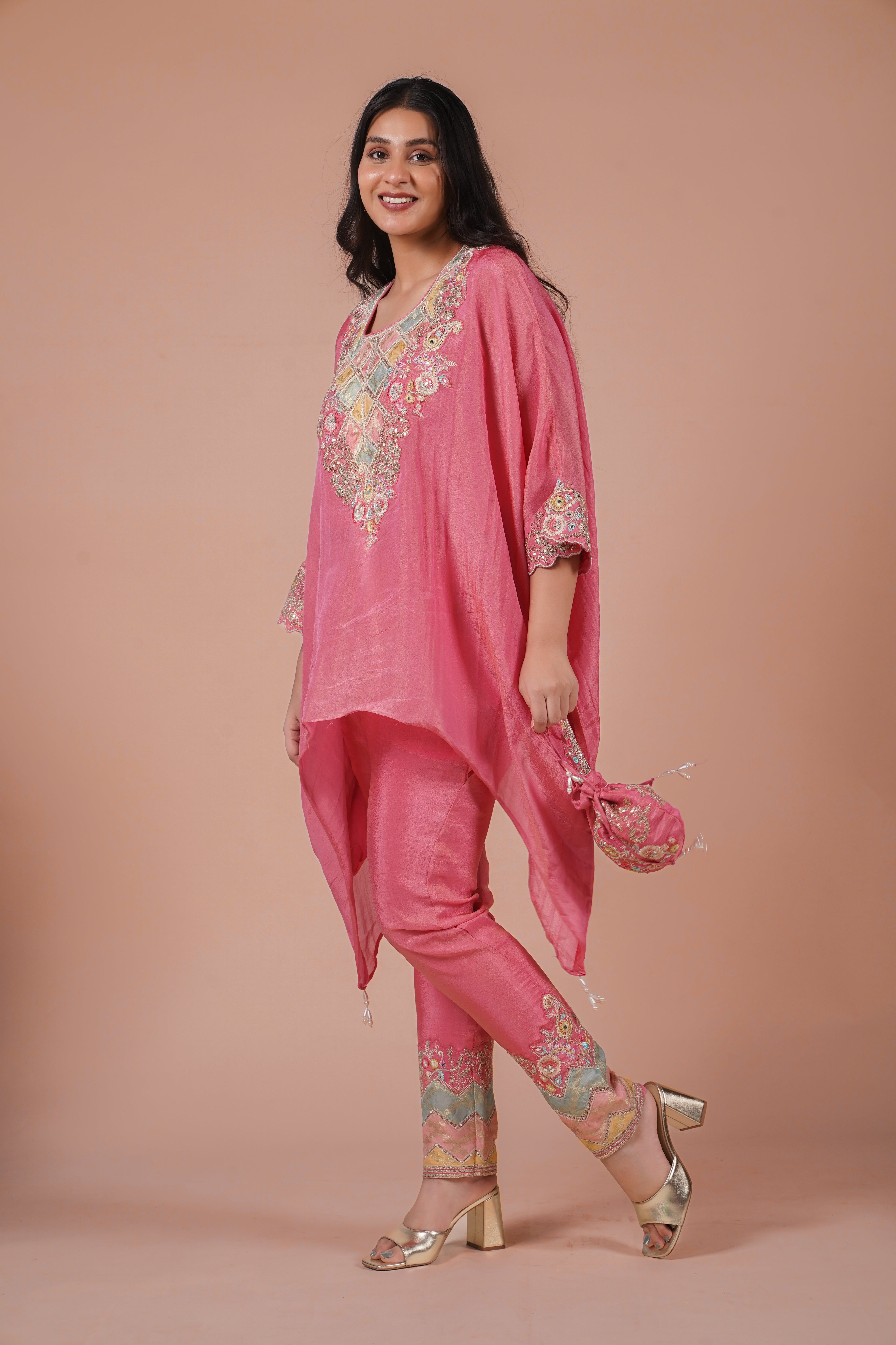 Sitara Embroidered Kaftan Set With Matching Embroidered Potli Bag | Available in 3 colors