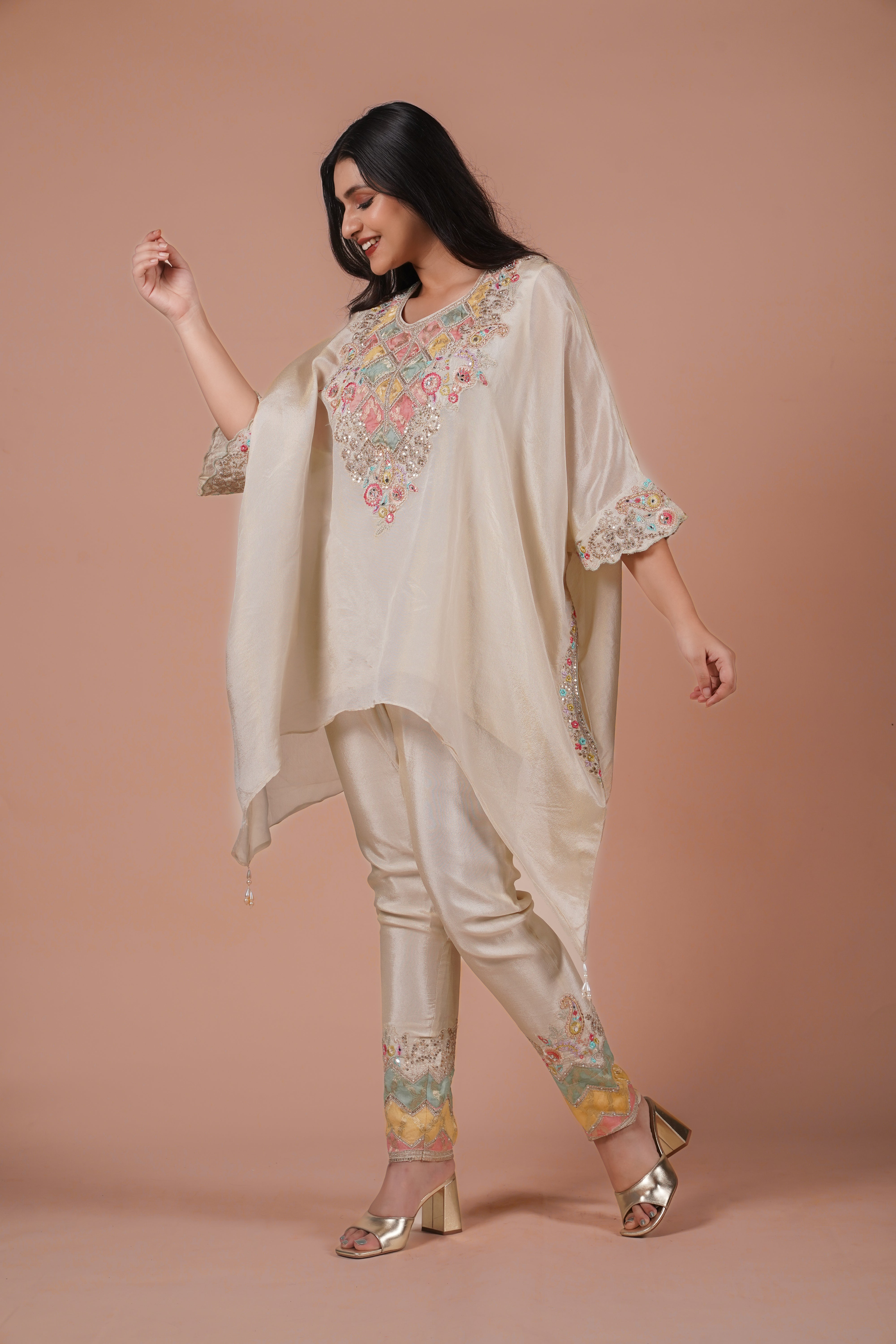 Sitara Embroidered Kaftan Set With Matching Embroidered Potli Bag | Available in 3 colors