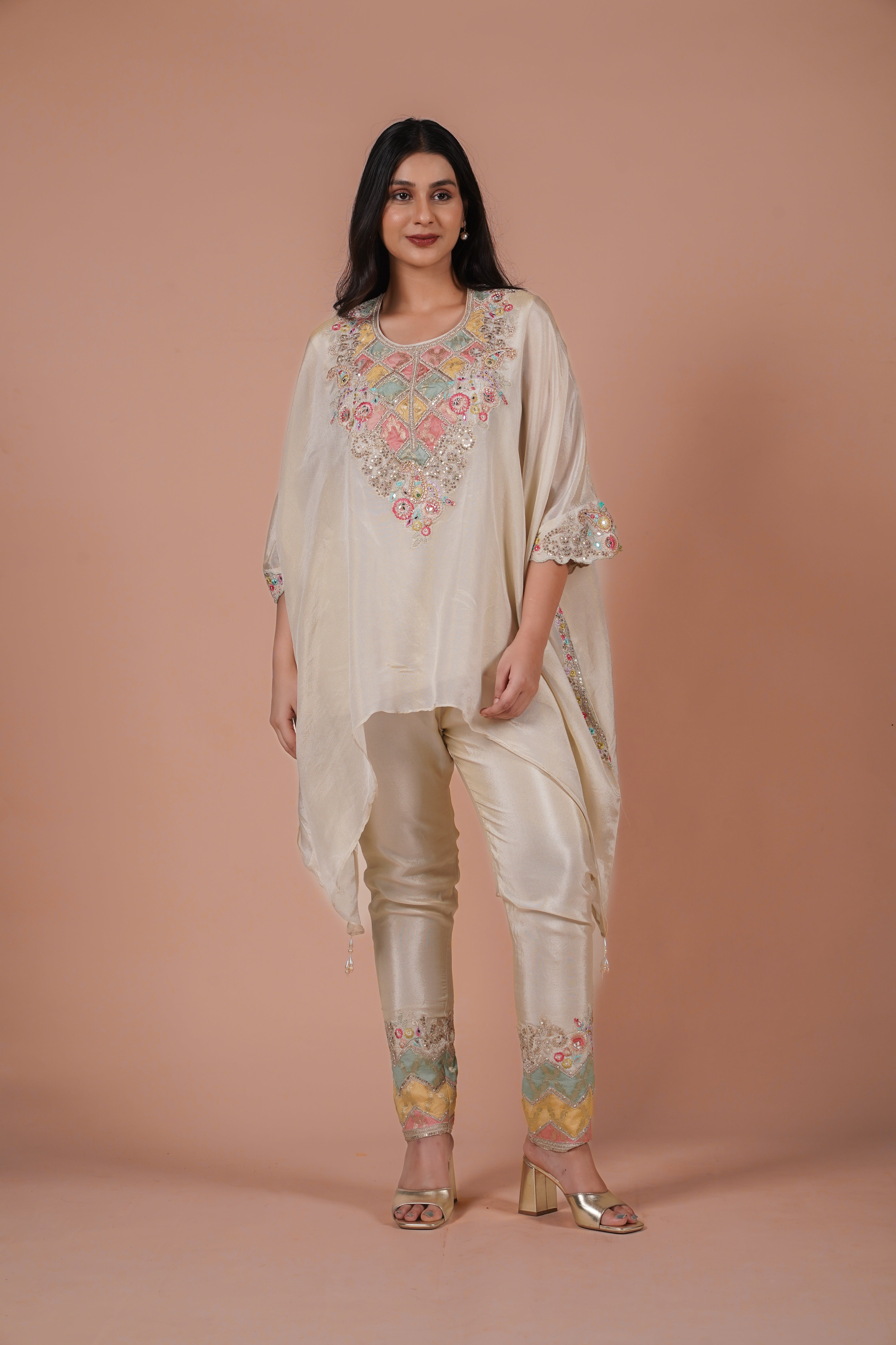 Sitara Embroidered Kaftan Set With Matching Embroidered Potli Bag | Available in 3 colors