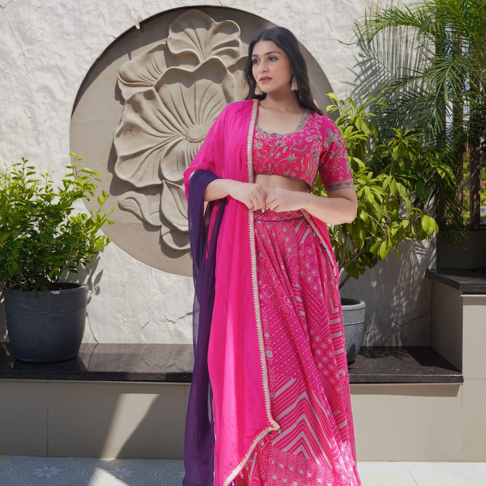Bandhej Embroidered Lehenga Set | Bright Pink