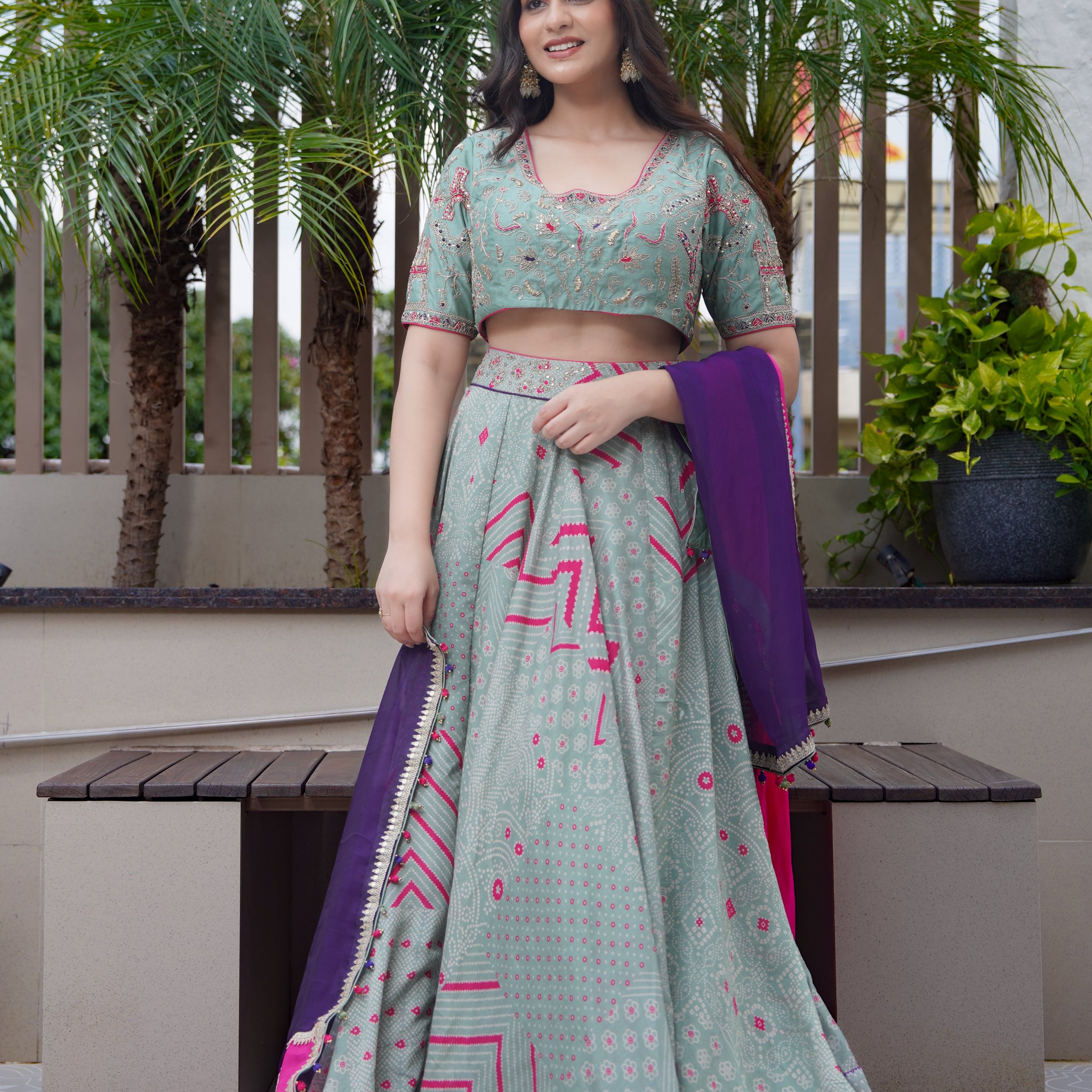 Bandhej Embroidered Lehenga Set | Sage Green