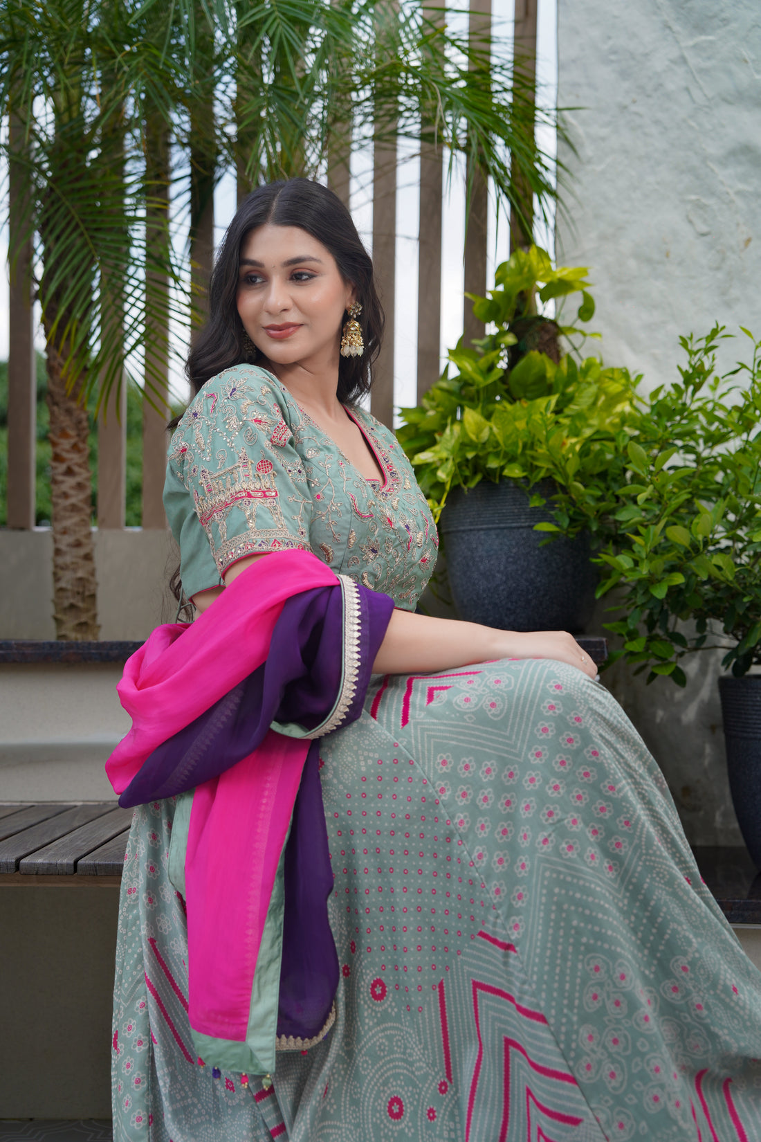 Bandhej Embroidered Lehenga Set | Sage Green