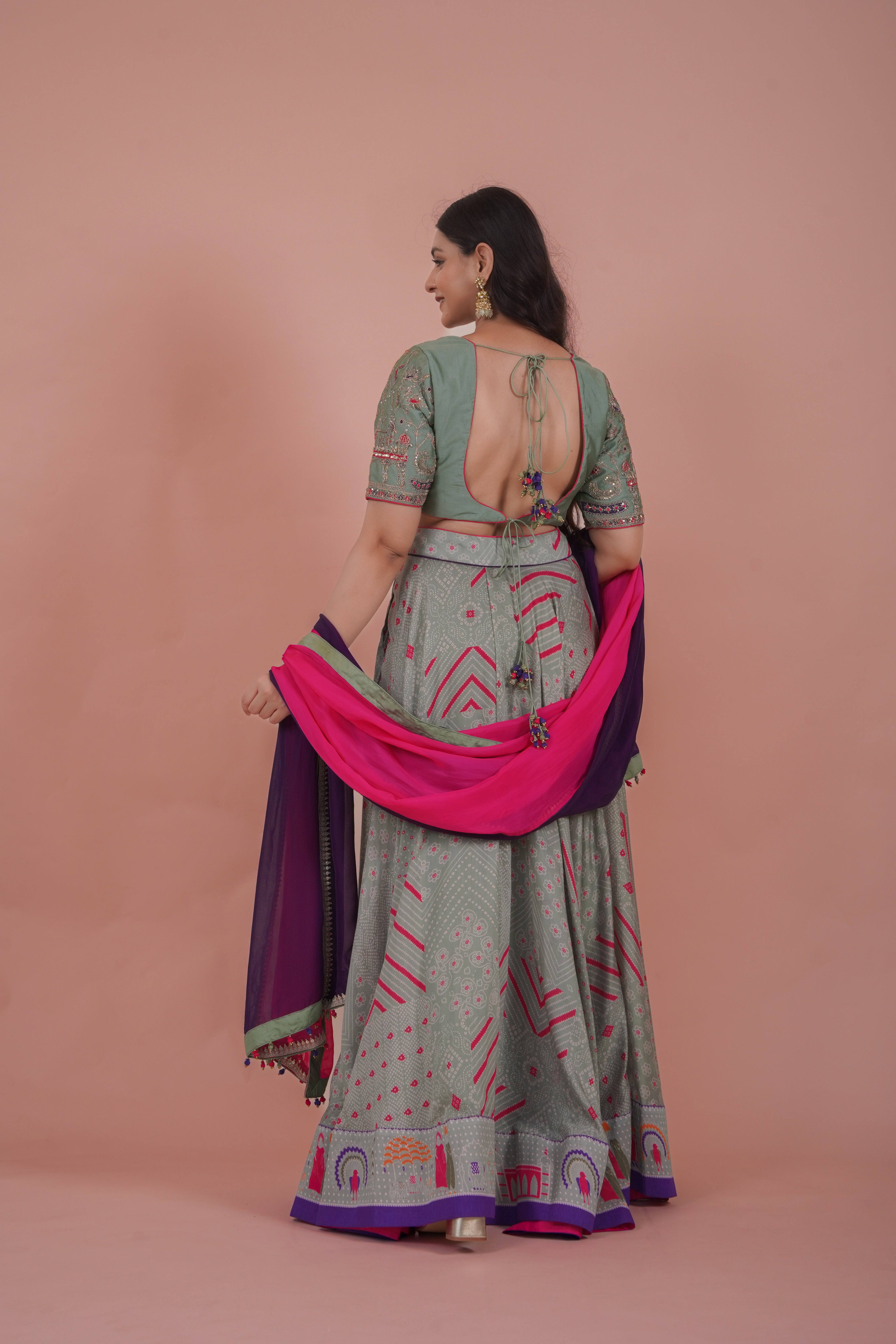 Bandhej Embroidered Lehenga Set | Sage Green
