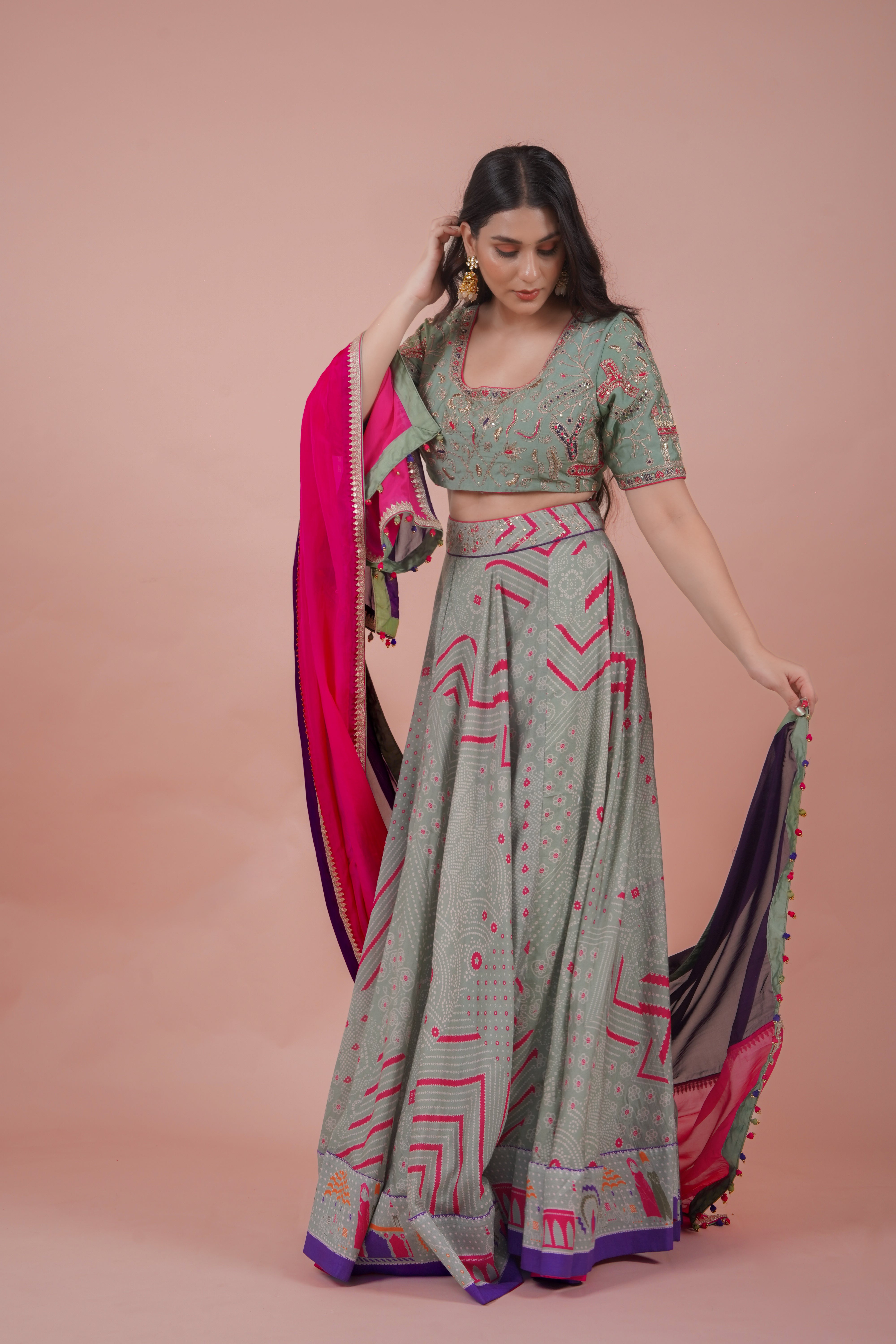 Bandhej Embroidered Lehenga Set | Sage Green