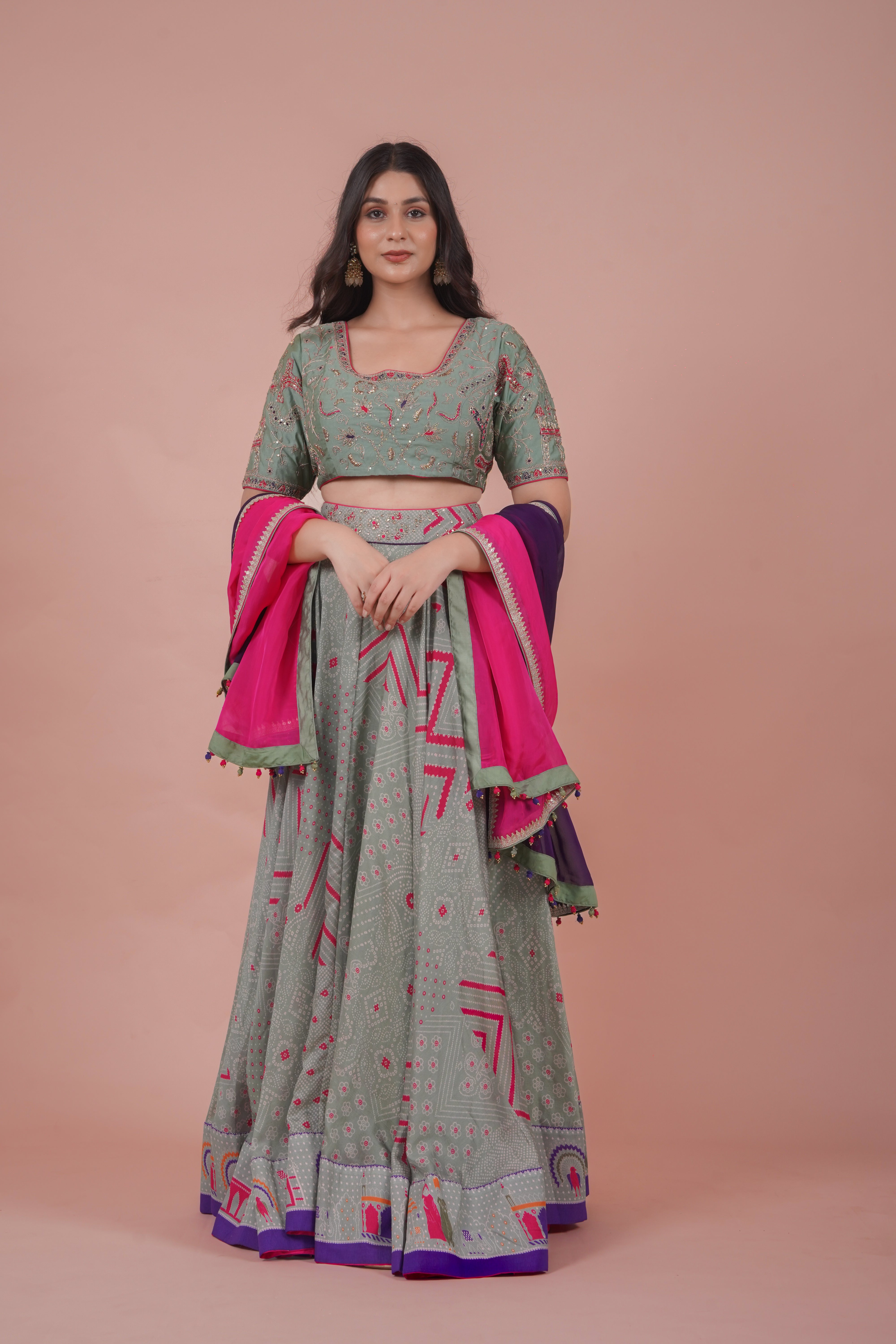 Bandhej Embroidered Lehenga Set | Sage Green
