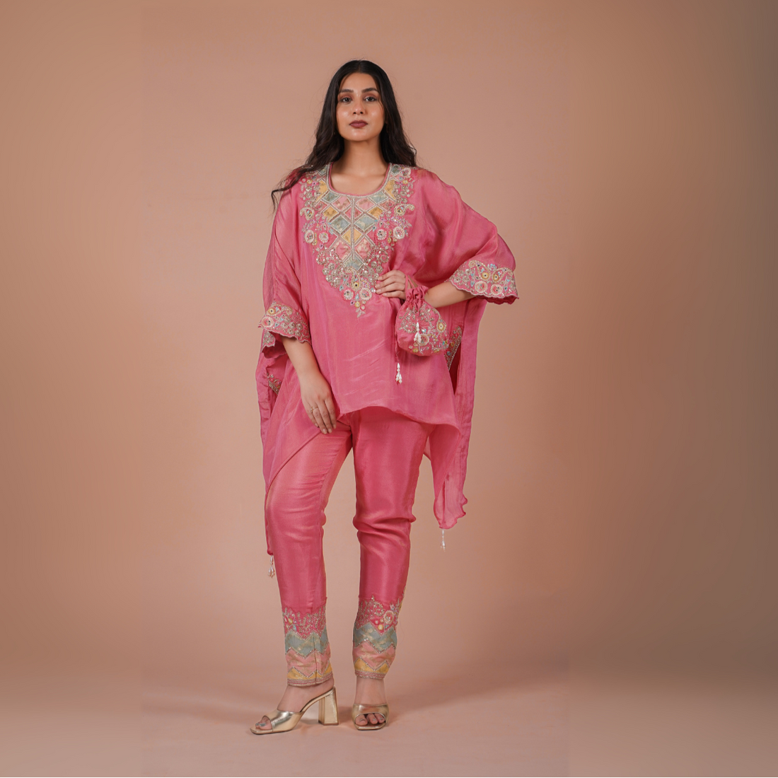 Sitara Embroidered Kaftan Set With Matching Embroidered Potli Bag | Available in 3 colors