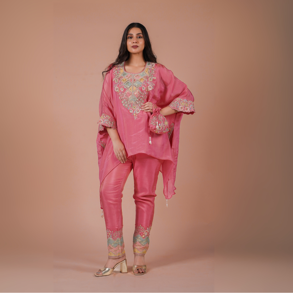 Sitara Embroidered Kaftan Set With Matching Embroidered Potli Bag | Available in 3 colors