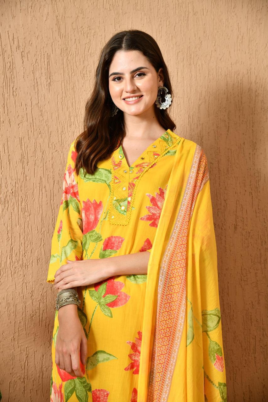 Women's Cotton Kurta & Pant With Dupatta Set | KS-20
