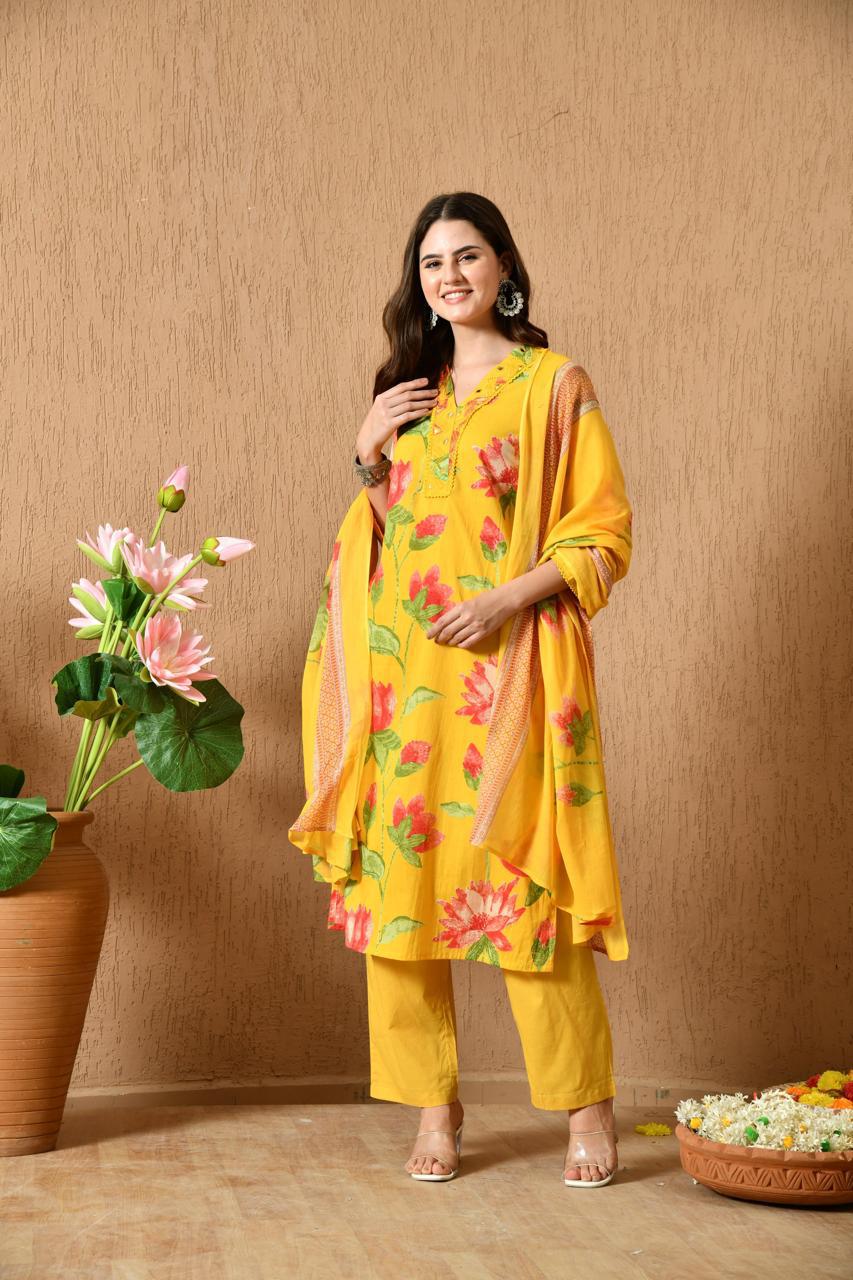 Women's Cotton Kurta & Pant With Dupatta Set | KS-20