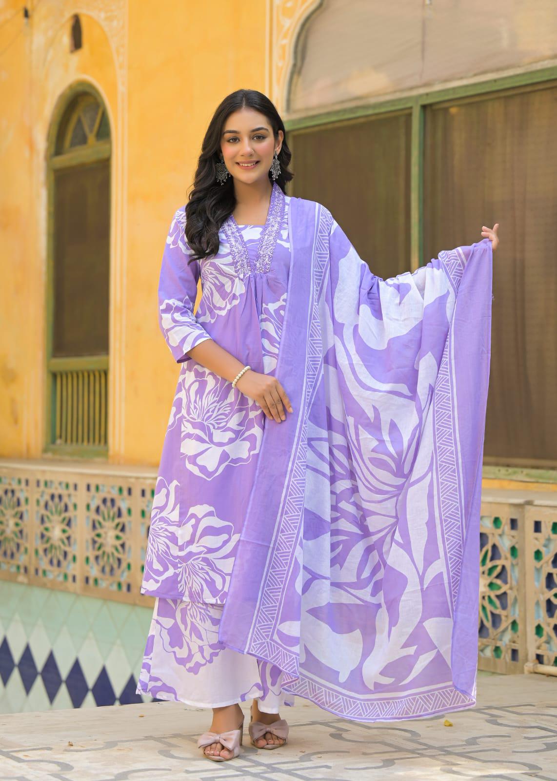 Women's Blue Cotton Printed Kurta with Matching Salwar and Dupatta Set – Perfect Casual & Festive Outfit | KS-10