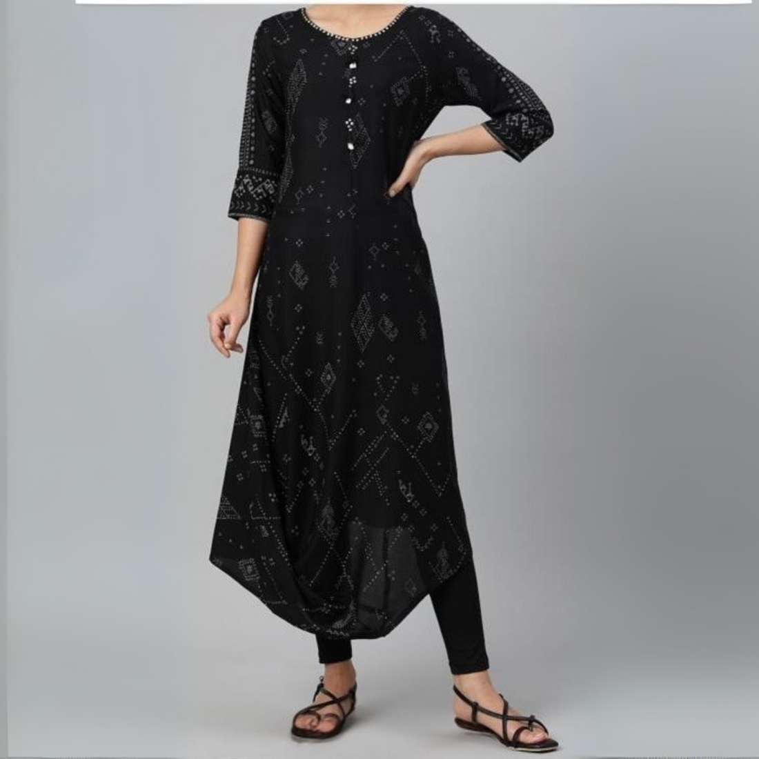 Women’s Stylish Black Printed A-Line Kurta with Elegant Cowl Hemline  | KS-45