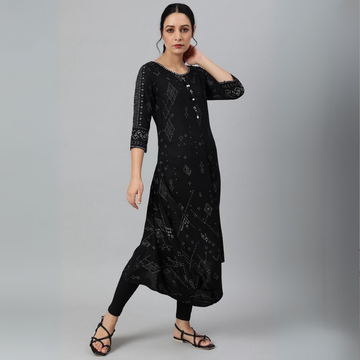 Women’s Stylish Black Printed A-Line Kurta with Elegant Cowl Hemline  | KS-45